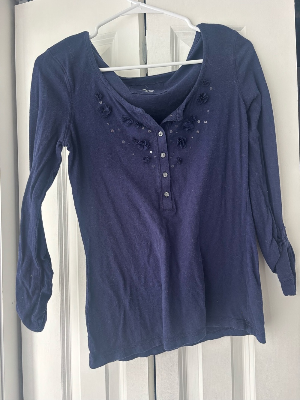 Women's Navy Embellished Scoop Neck Long Sleeve Top